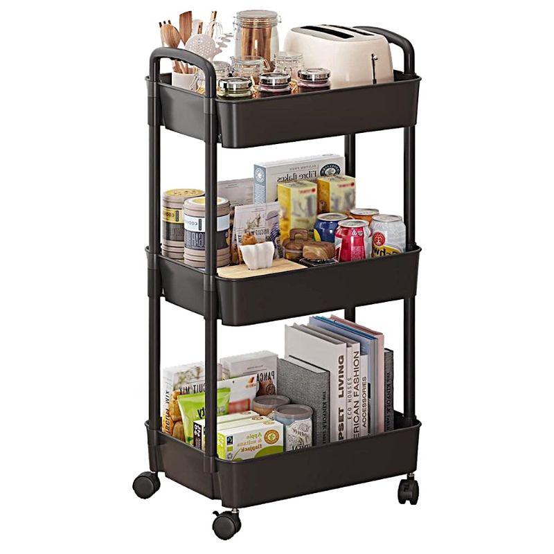 Photo 1 of Maraawa 3-Tier Rolling Storage Cart Shelves Rolling Utility Cart Organizer Cart Movable Storage Organizer Bathroom Kitchen Office Workshop Black