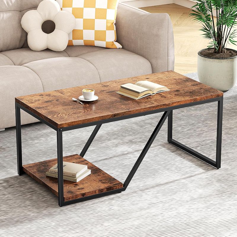 Photo 1 of Flycity Rectangle Rustic Coffee Table, 2-Tier Industrial Tea Table for Living Room with Storage Shelf and Stable Metal Simple Modern Open Design