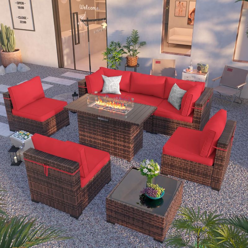 Photo 1 of Amopatio 6 Piece Patio Furniture Set with 44" Fire Pit Table, Brown PE Wicker Outdoor Sectional Sofa Set Fits Porch Garden Lawn Balcony (Red)