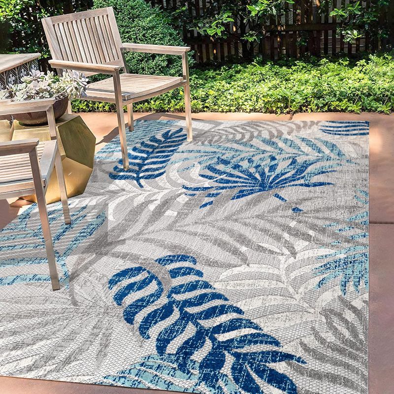Photo 1 of Amalfi Coast Tropics Palm Leaves Indoor/Outdoor Area Rug Country;Floral;Contemporary, Bedroom, Kitchen, Backyard, Patio, Easy-Cleaning, Non-Shedding, 6 X 6, Gray/Blue
