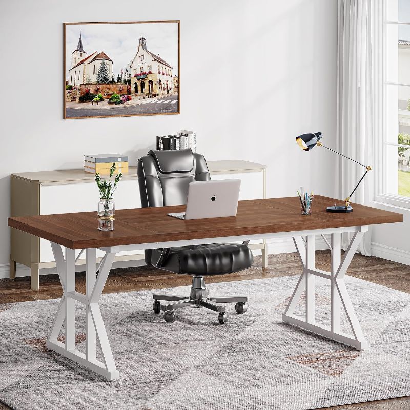 Photo 1 of 70.8 Inches Executive Desk, Large Computer Desk, Long Farmhouse Workstation, Simple Desk with K Shaped Metal Legs for Home Office, Brown/White