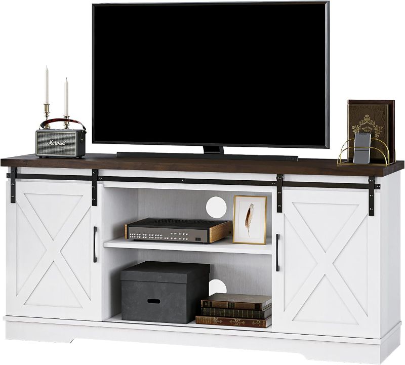 Photo 1 of IDEALHOUSE Farmhouse TV Stand for 65 Inch TV, Entertainment Center with Storage and Sliding Barn Doors, Modern Media TV Console TV Stands for Living Room Bedroom (White)