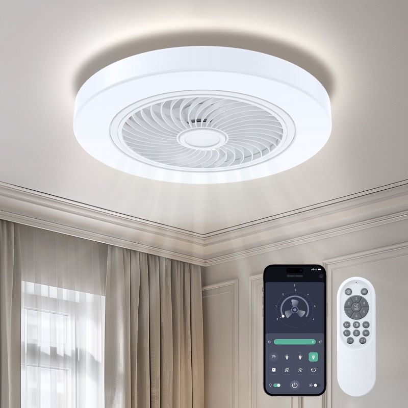 Photo 1 of BLITZWILL 21'' Ceiling Fan with Light, 6-Speed Reversible, Dimmable LED Timing with Remote & APP Control, Modern Bladeless Flush Mount Ceiling Fan, White