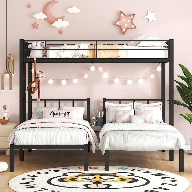 Photo 1 of MERITLINE Triple Bunk Beds for 3, Metal Bunk Bed Twin Over Twin & Twin Size, Three Bed Bunk Beds for Kids, Teens,Can be Separated into 3 Twin Beds, Black