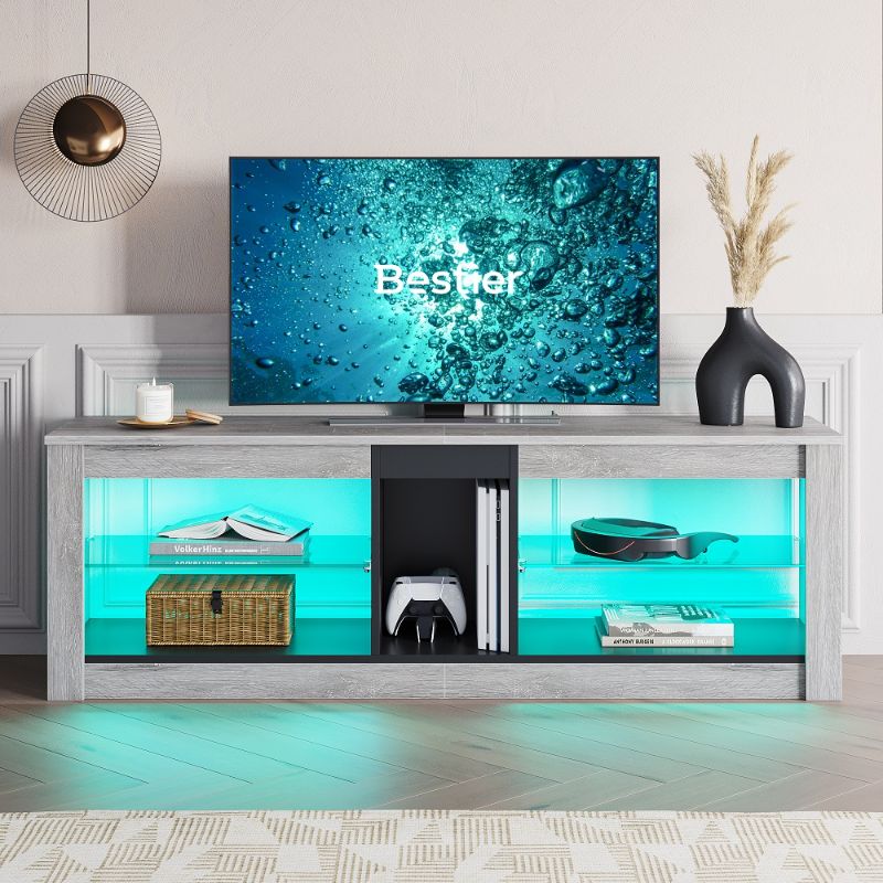 Photo 1 of Bestier Entertainment Center with LED Lights TV Stand Media Console Table for TVs up to 60" in Light Grey