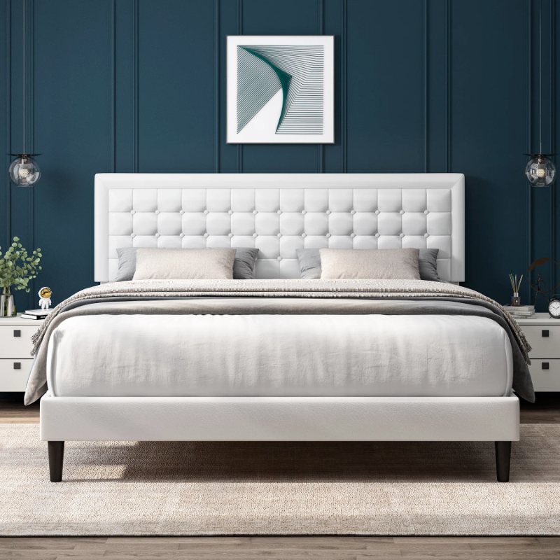 Photo 1 of Homfa King Bed Frame with Adjustable Headboard, Modern PU Leather Upholstered Platform Bed Frame, White