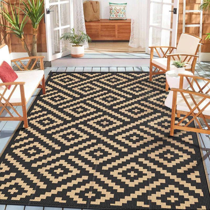 Photo 1 of DEORAB 8'x10' Outdoor Rug for Patio Clearance Waterproof Mat,Reversible Plastic, Black & Brown