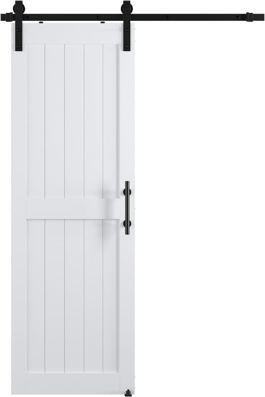 Photo 1 of 28in x 84in MDF Sliding Barn Door with 5ft Barn Door Hardware Kit & Handle, Pre-Drilled Holes Easy Assembly -Solid Barn Door Slab Covered with Water-Proof PVC Surface, White, H-Frame