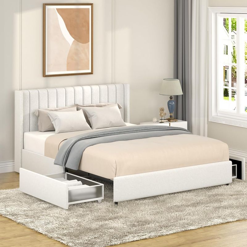 Photo 1 of 2-Drawer Storage Bed Queen Size Ivory Velvet Upholstered Wingback Platform Bed