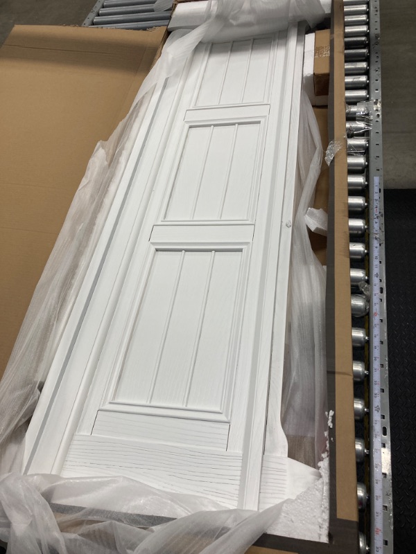 Photo 1 of Benjara Lyni Queen Size Bed with Farmhouse Style Headboard, Solid White Acacia Wood