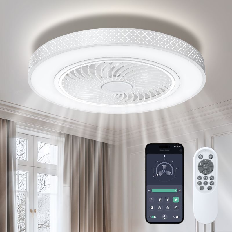 Photo 1 of BLITZWILL 22 in Round Ceiling Fans with Lights, Dimmable Color Temperature and 6 Speeds, Remote & APP Control, Flush Mount Bladeless Reversible Motor, White