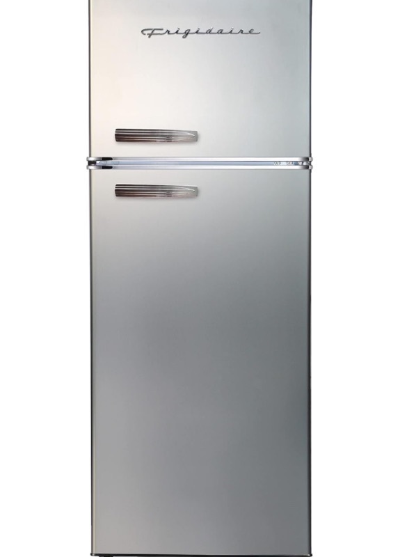 Photo 1 of Frigidaire EFR753-PLATINUM EFR753, 2 Door Apartment Size Refrigerator with Freezer, Retro Chrome Handle, cu ft, Platinum Series, Stainless Steel, 7.5, Silver https://a.co/d/6YGfd5z