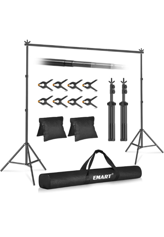 Photo 1 of EMART Backdrop Stand 10x7ft(WxH) Photo Studio Adjustable Background Stand Support Kit with 2 Crossbars, 8 Backdrop Clamps, 2 Sandbags and Carrying Bag for Parties Events Decoration https://a.co/d/jkdYfhp