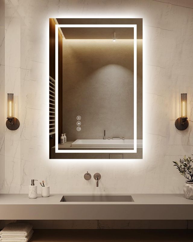 Photo 1 of ***MIRROR STILL HAS PLASTIC PEEL SHIELD*** 16x24''Small Bathroom Mirror with Lights,Front Lighted Bathroom Mirror for Wall,Stepless Dimmable,Anti-Fog,Modern LED Vanity Mirror,Memory,Touch Botton