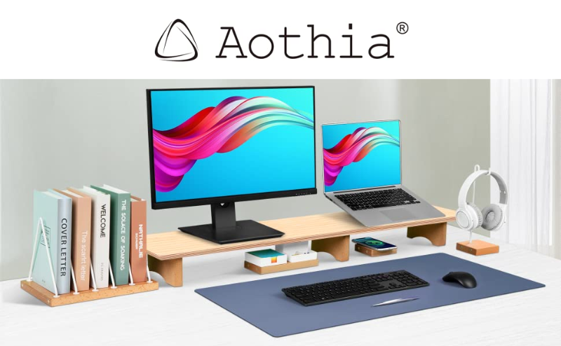 Photo 1 of ***STOCK PHOTO FOR REFERENCE ONLY*** othia DUAL Monitor Stand Riser, Solid Wood Desktop Stands with Eco Cork Legs for Laptop Computer/TV/PC/Printers, Perfect Desk Shelf Organizer with Underneath Storage for Office Accessories(Walnut, Single)