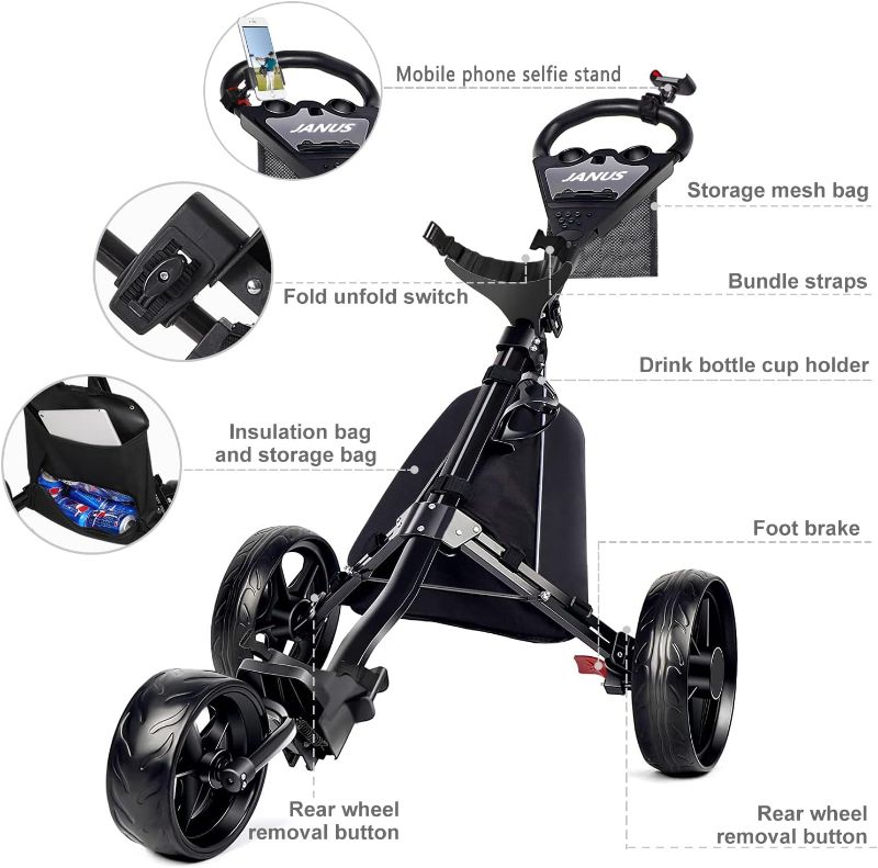 Photo 1 of ***STOCK PHOTO FOR REFERENCE ONLY*** Roll over image to zoom in
JANUS Golf Cart, Foldable Golf Push cart Option (with seat or Phone Holder),Golf Bag cart,Golf Pull cart