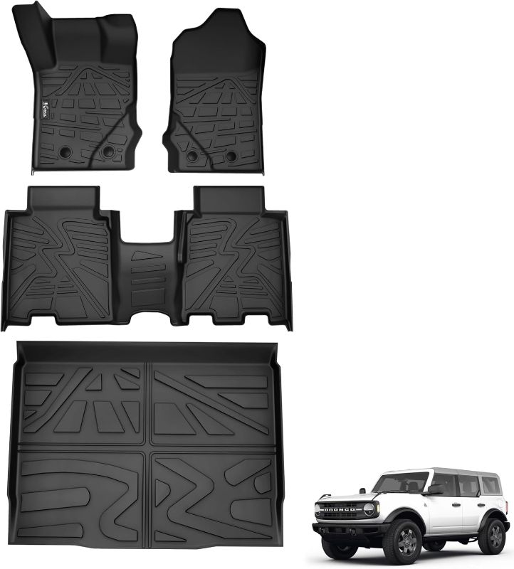 Photo 1 of ***STOCK PHOTO FOR REFERENCE ONLY*** Floor Mats Compatible with 2021-2024 Ford Bronco 4-Door (Not for Sport) 1st & 2nd Row Liner & Cargo Liner, TPE Material All Weather Protection Floor Liners 3D Custom Fit