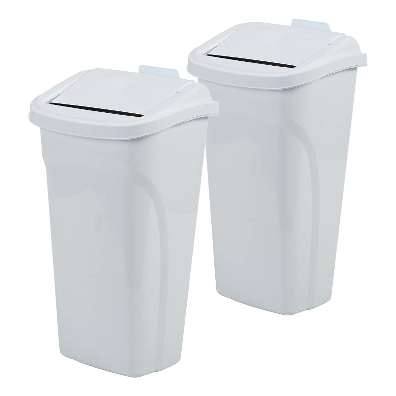 Photo 1 of ***STOCK PHOTO FOR REFERENCE ONLY/LID VARIES*** 10 Gal/40 Qt All-in-One Wastebasket, 2-Pack, Slim Trash Can with Integrated Dustpan Swing Lid and Brush, Great for Kitchen, Office, and Bathroom, White