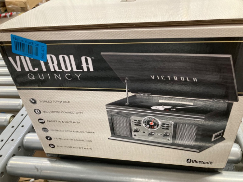 Photo 3 of ***FACTORY SEELED*** Victrola Nostalgic 6-in-1 Bluetooth Record Player & Multimedia Center with Built-in Speakers - 3-Speed Turntable, CD & Cassette Player, AM/FM Radio | Wireless Music Streaming | Grey | wood Grey Record Player