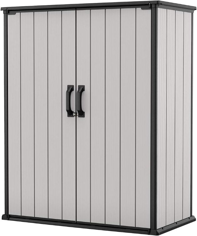 Photo 1 of ***STOCK PHOTO FOR REFERENCE ONLY COLOR BLACK) Keter Premier Tall 4.6 x 5.6 ft. Resin Outdoor Storage Shed with Shelving Brackets for Patio Furniture, Pool Accessories, and Bikes, Black