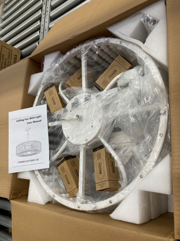 Photo 2 of ***FACTORY SEELED PACKAGING*** Ceiling Fans with Remote, Caged Ceiling Fan with Handcrafted Beaded Décor 6 Speeds Reversible 19 inches Bulbs Included for Angled Ceiling, White White Downrod