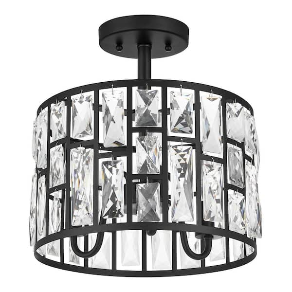 Photo 1 of Kristella 12.5 in. 3-Light Matte Black Semi Flush Mount Light with Clear Crystal Shade
