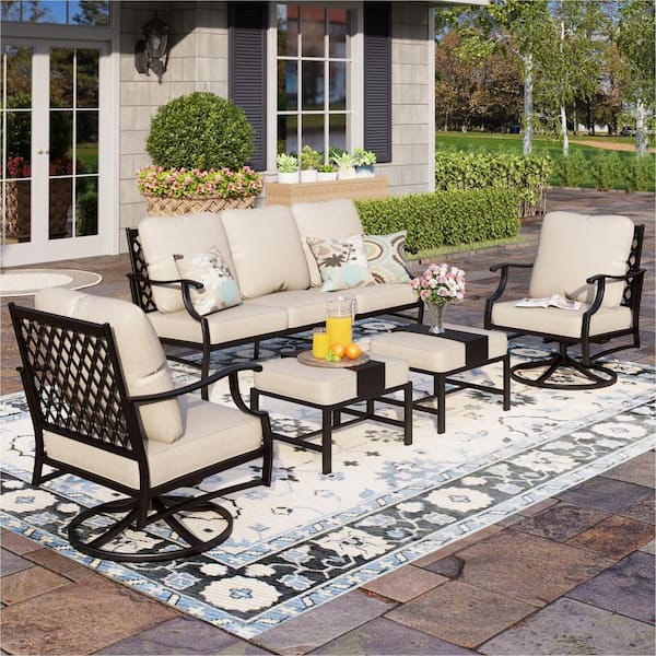 Photo 1 of Black 5-Piece Metal Meshed 7-Seat Outdoor Patio Conversation Set with Beige Cushions, 2 Swivel Chairs and 2 Ottomans
