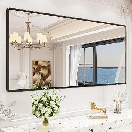 Photo 1 of  Mounted Bathroom Mirror, Black Metal Frame Rounded Rectangle Mirror, Bathroom Vanity Mirror with Tempered Glass for Washroom Bedroom Living Room