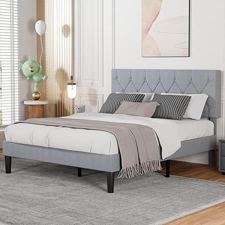 Photo 1 of VECELO Full Bed Frame with Button Tufted Headboard, Upholstered Platform Bedframe with Wood Slat Support, No Box Spring Needed, Grey