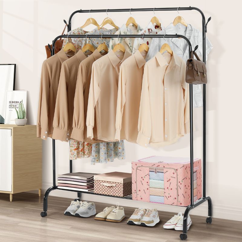 Photo 1 of  Clothes Rack with Wheels, Double Rod Clothing Garment Rack with Bottom Shelves, Freestanding Closet Storage Rack for Hanging Clothes, Metal Clothing Rack, Clothes Organizer, Black