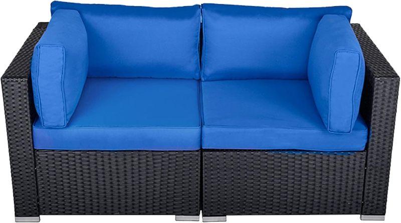 Photo 1 of ***SEAT CUSHIONS NAVY/STOCK PHOTO FOR REFERENCE ONLY*** Patio Loveseat, 2 Piece Wicker Outdoor Sectional Couch with Removable Navy Blue Cushions, Extra Sofa Furniture