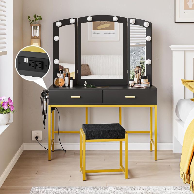 Photo 1 of ***NO MIRROR*** Black Makeup Vanity Desk with Mirror and Lights, Make Up Vanity with Power Strip, 39.4" W Vanity Table with 2 Drawers and Stool for Girls, Vanity Set with Gold Metal Frame for Bedroom