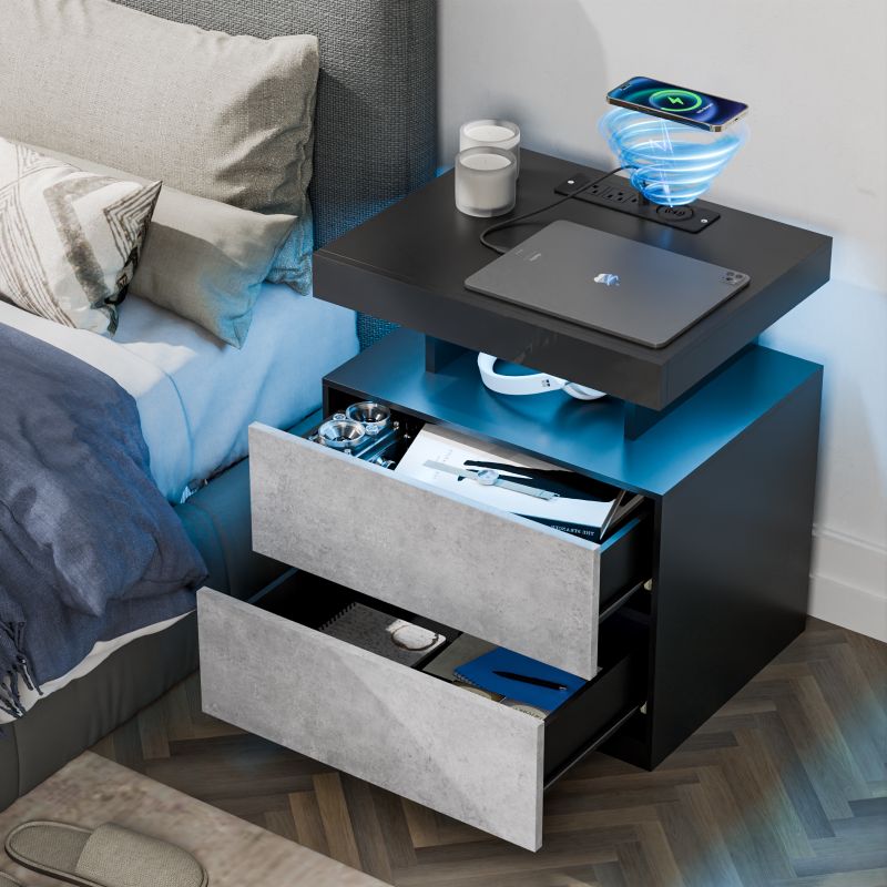 Photo 1 of Hommpa LED Nightstand with Wireless Charging Station Modern Nightstand Type C USB Port 2 Drawers Bedside Table Grey Smart Night Table High Gloss End Side Table for Bedroom Furniture 22.3" Tall