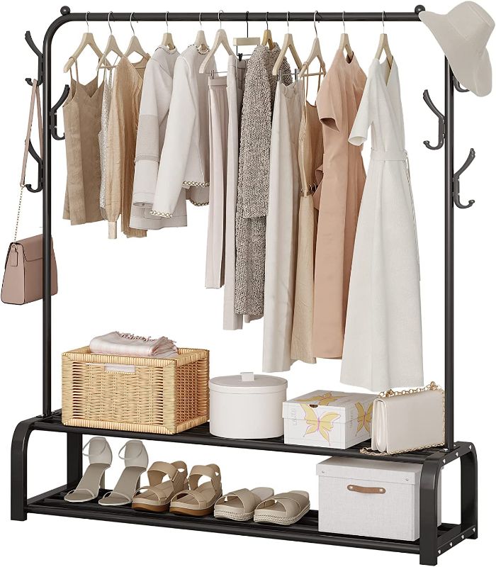 Photo 1 of Clothes Rack,Clothing Racks for Hanging Clothes with Two Lower Storage and 6 Hooks, Black