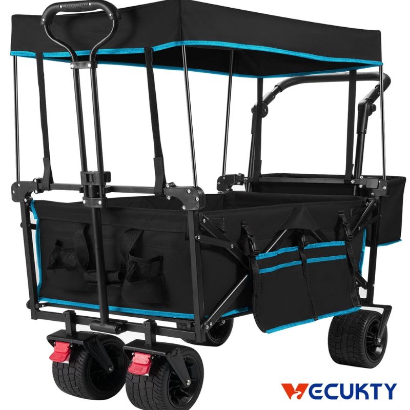 Photo 1 of ***MISSING CANOPY*** Collapsible Garden Wagon Cart with Removable Canopy, VECUKTY Foldable Wagon Utility Carts with Wheels and Rear Storage, Wagon Cart for Garden Camping Grocery Shopping Cart,Black