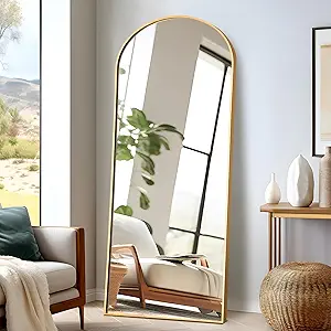 Photo 1 of Floor Mirror, Arched Full Length Mirror with Stand, Standing Mirror, Full Body Mirror, Large Mirror, Arched Wall Mirror, Freestanding, Aluminum Frame - Gold