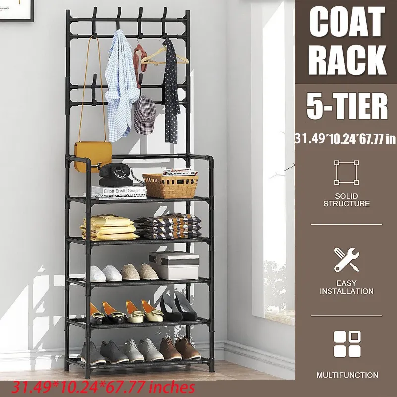 Photo 1 of Coat Rack,Coat Rack Stand with 5 Shelves Storage for Entryway Hallway Hall Tree Shoe Rack Blac