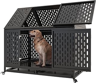 Photo 1 of 45 inch Heavy Duty Dog Crate with Locking Latch, Large Kennel with Pointed Roof, Indestructible and Escape-Proof Pet Cage for High Anxiety Dogs, XL Dog Crate