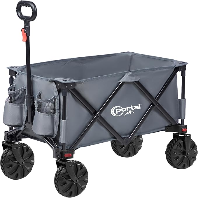 Photo 1 of kejector Beach Wagon Cart - Folding Utility Wagon with 360° Swivel Wheels, Outdoor Sports Collapsible Cart with Side Pockets, Adjustable Handle, 140L Capacity, Portable Shopping Camping Cart, Green