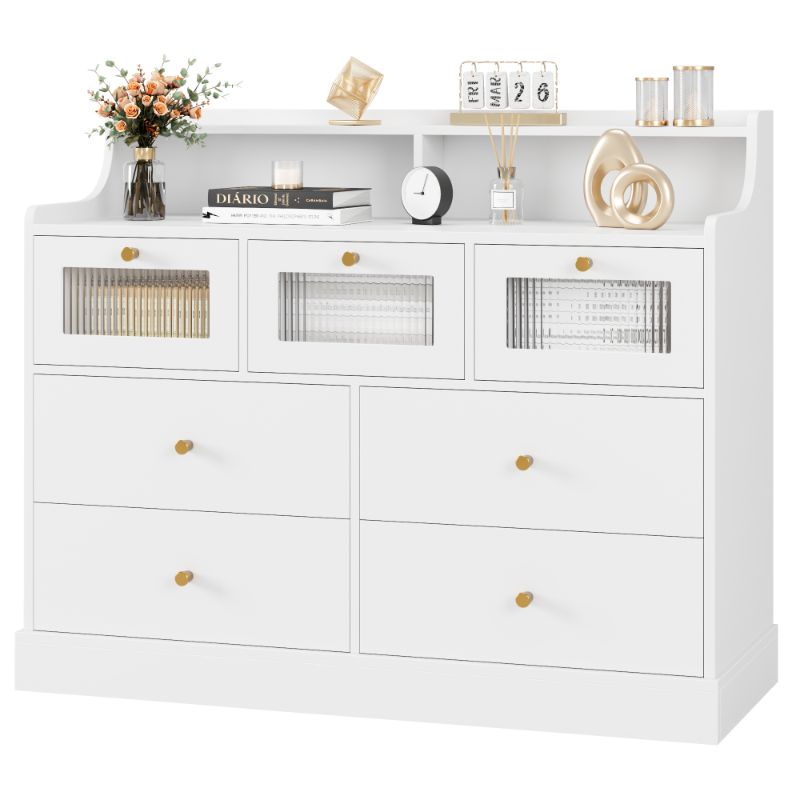 Photo 1 of Homfa 7 Drawers Glass Dresser for Bedroom, Modern Storage Cabinet with Gold Knob and Thickened Base, White