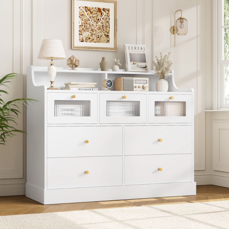 Photo 2 of Homfa 7 Drawers Glass Dresser for Bedroom, Modern Storage Cabinet with Gold Knob and Thickened Base, White