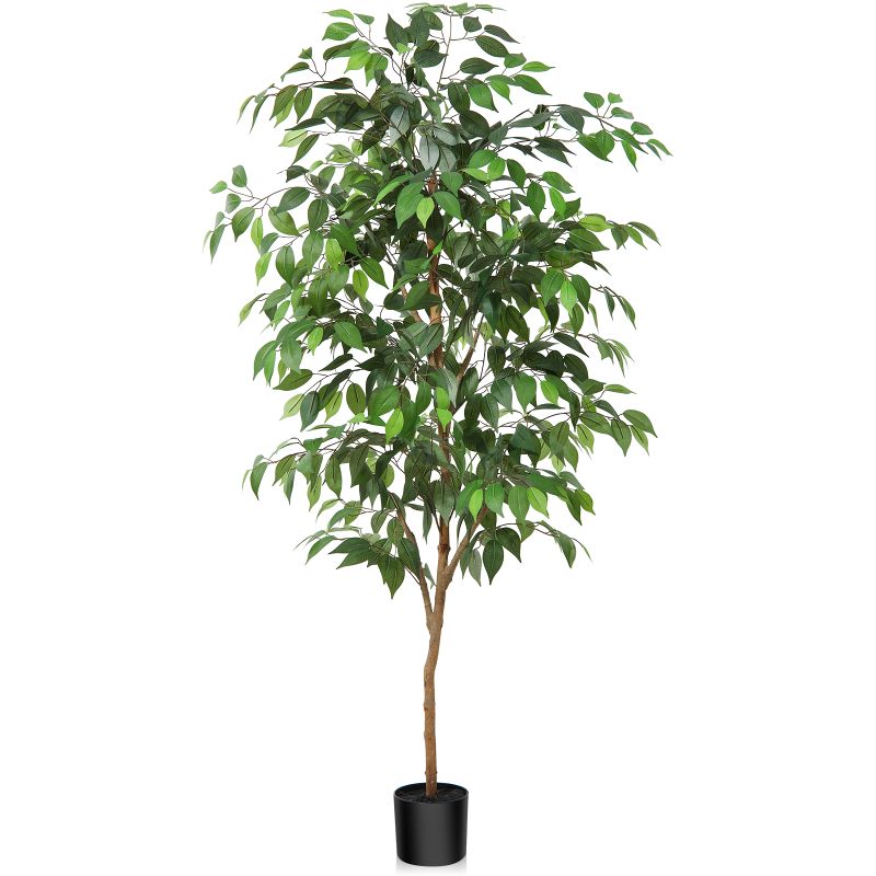 Photo 1 of 5FT Artificial Ficus Tree with Natural Wood Trunk and Lifelike Leaves, Silk Fake Potted Tree with Wood Branches, Faux Tree for Office Home Decor