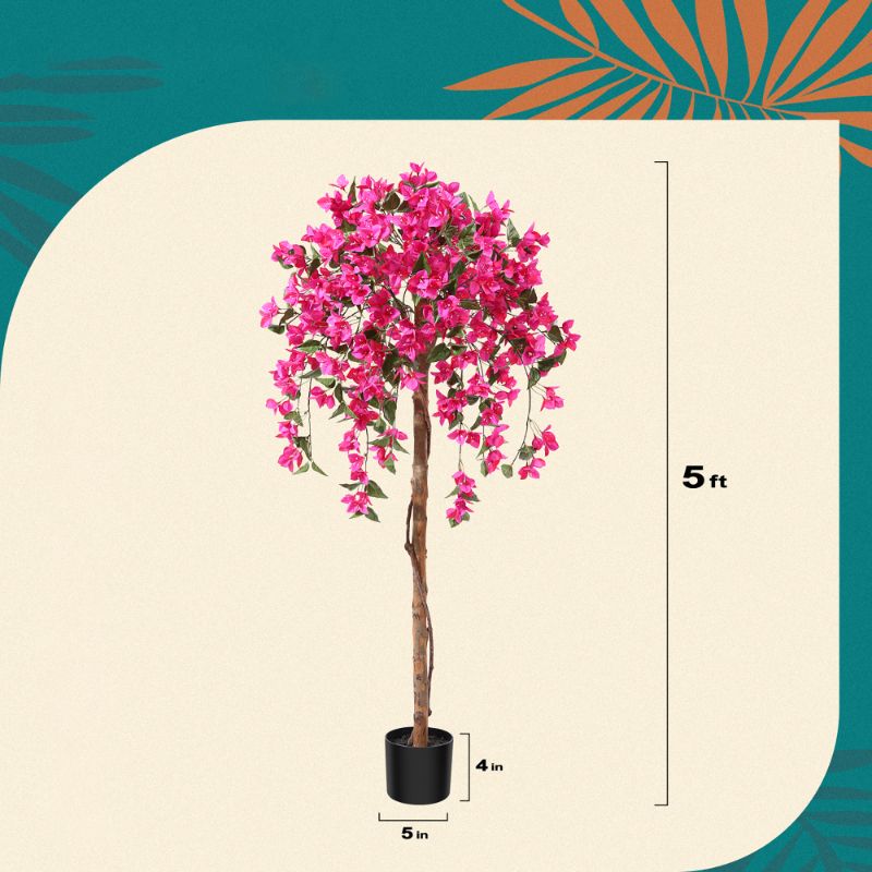 Photo 1 of 5FT Artificial Bougainvillea Flowers Tree with Wood Branches, Plant in Black Plastic Pot. DR.Planzen