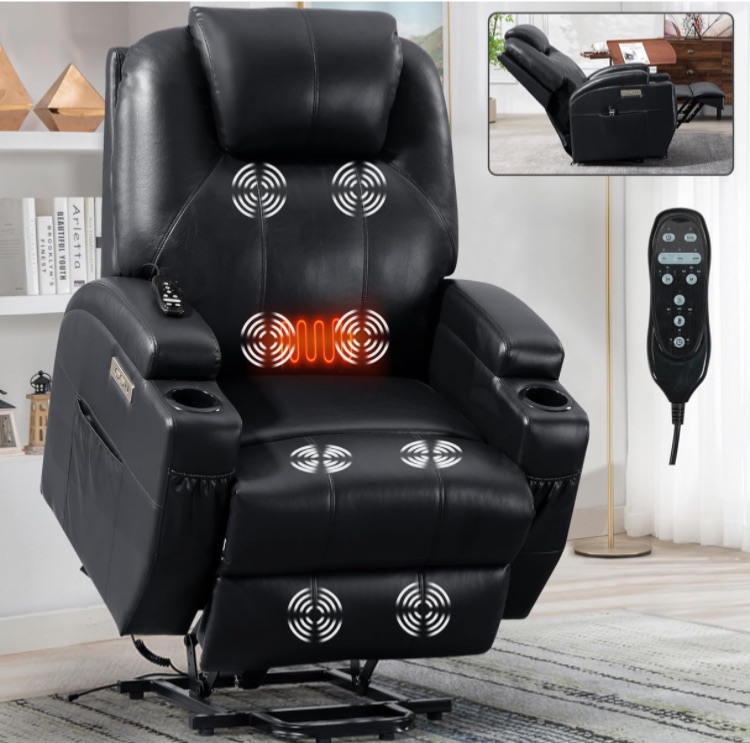 Photo 1 of ***see notes***LUSPAZ Leather Power Lift Recliner Chair with Massage and Heat for Elderly, Heavy Duty Lift Chair Premium OKIN Motor Max 155° Reclining, Stainless Steel Cup Holders, USB and Type-C Ports, Black