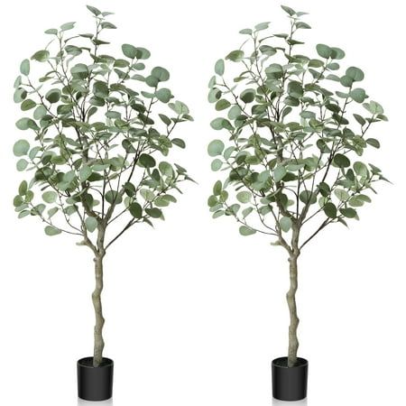 Photo 1 of 2 Pack Artificial Plants 4ft Artificial Eucalyptus Silk Tree in Pot Faux Plastic Eucalyptus Plant with Durable Plastic Trunk for Home Decor Office Ho