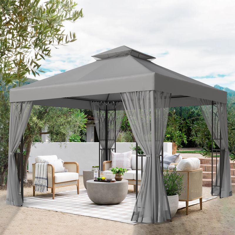 Photo 1 of 10x10 Double Section Round Pole Patio Gazebo with Mosquito netting grey 