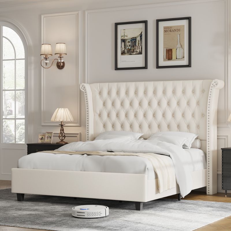 Photo 1 of Homfa King Size Bed Frame, Modern Velvet Tufted Upholstered Platform Bed with Rivet Rolled Edge High Wingback Headboard, White
