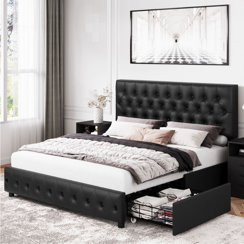 Photo 1 of Homfa Faux Leather Storage Platform Bed Frame, Queen Black Bed Frame with 4 Drawers, Upholstered with Adjustable Headboard
