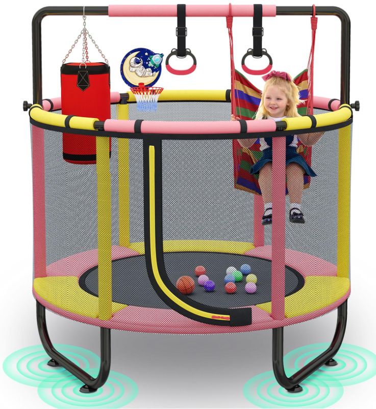 Photo 1 of 55'' Mini Trampoline for Kids, Small Toddler Trampoline with Enclosure, Indoor Outdoor Trampoline with Basketball Hoop, Adjustable Bar and Rings, Swing and Boxing Bag
