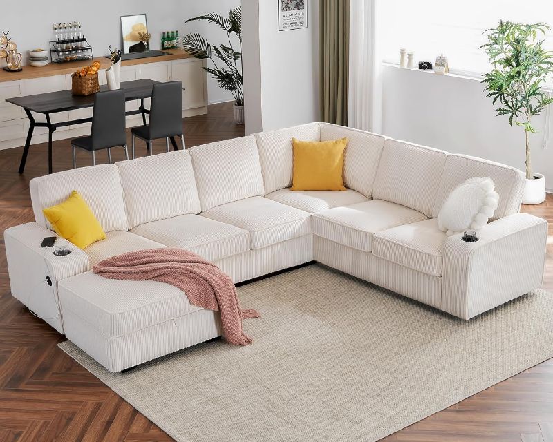 Photo 1 of ***SEE NOTES***U Shaped Sofa, 6 Seater Sofa with USB Ports, Sectional Sofa Couch with Storage Chaise, Corduroy
(Grey), 50.625x33.5x18.17 inches  (weight-107.80)